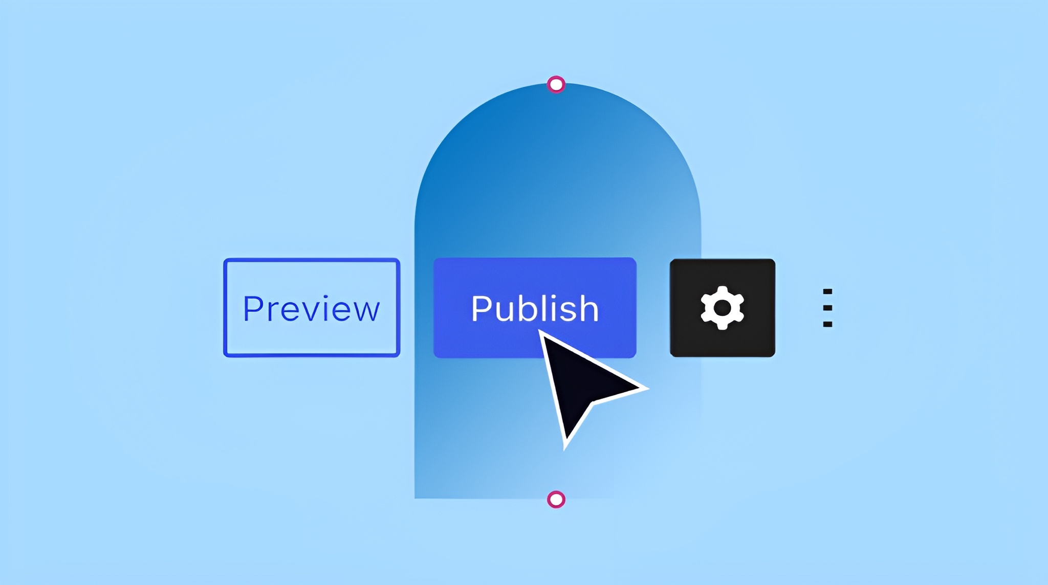 a styled image with a preview, publish, and settings button. 