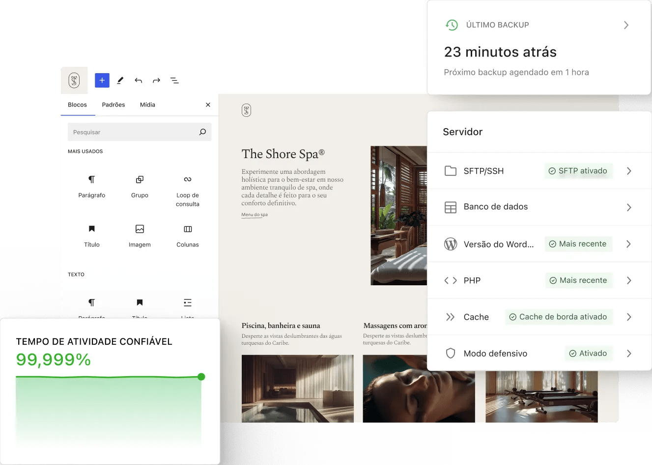 O editor do WordPress exibe uma página de destino de spa, enquanto cartões de status sobrepostos mostram o tempo de backup, as configurações do servidor e uma métrica de tempo de atividade confiável em um espaço de trabalho de painel limpo e minimalista.