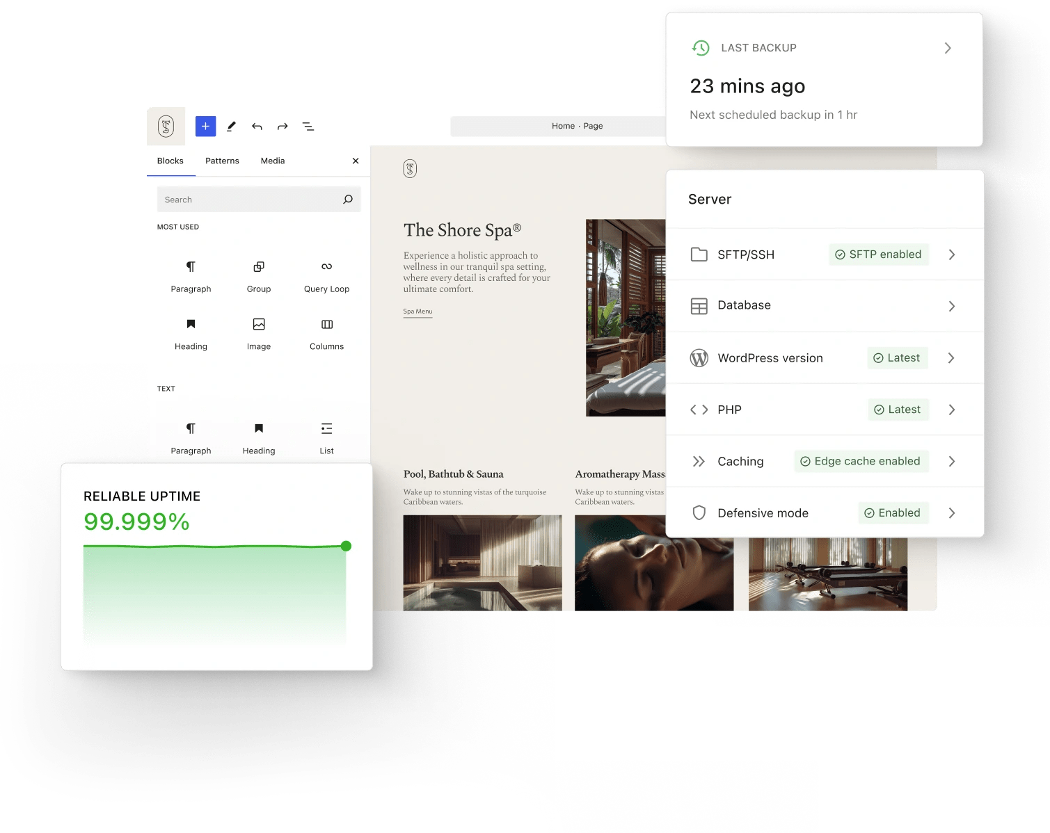 עורך WordPress מציג דף נחיתה לספא, בעוד כרטיסיות סטטוס חופפות מציגות זמן גיבוי, הגדרות שרת ומדד זמן פעולה מהימן במרחב עבודה נקי ומינימליסטי של לוח הבקרה.